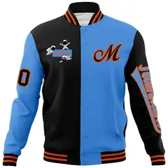 Black Powder Blue Two Tone Split Full-Snap Letterman Jacket Raglan Sleeves 5