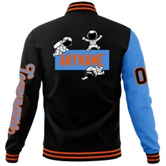 Black Powder Blue Two Tone Split Full-Snap Letterman Jacket Raglan Sleeves 6