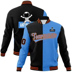 Black Powder Blue Two Tone Split Full-Snap Letterman Jacket Raglan Sleeves