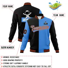 Black Powder Blue Two Tone Split Full-Snap Letterman Jacket Raglan Sleeves 4