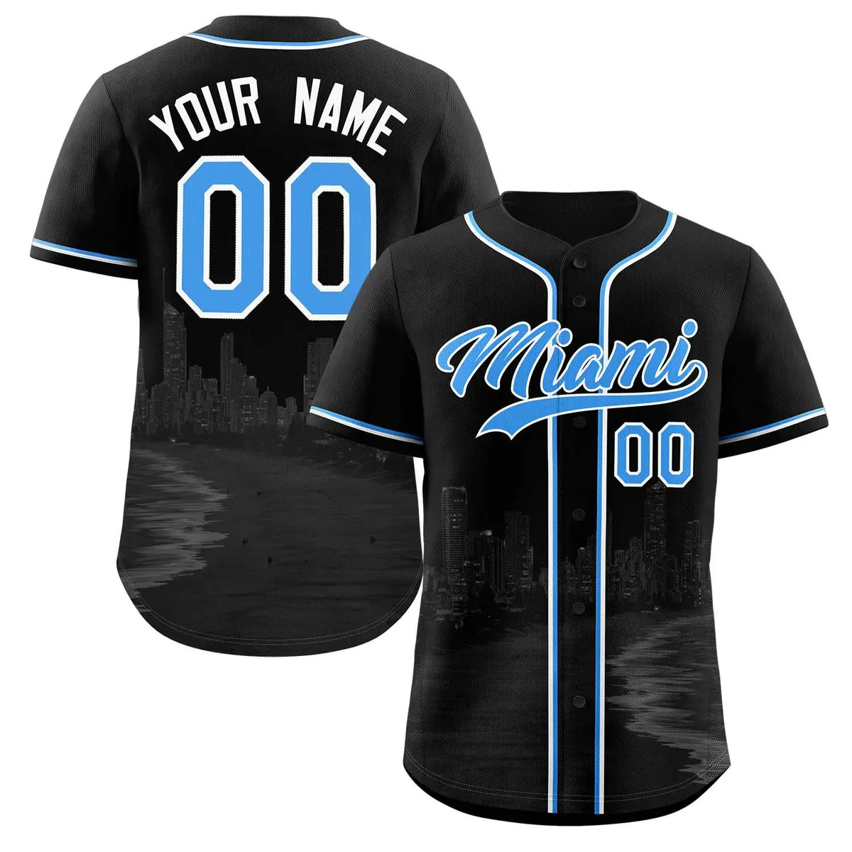 Black Powder Blue White Miami City Skyline Baseball Jersey