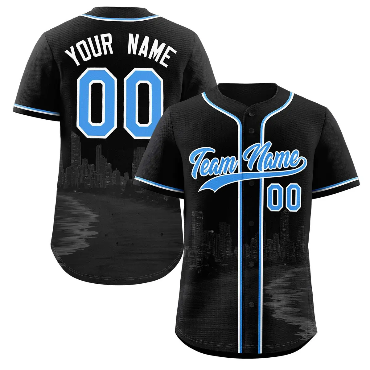 Black Powder Blue White Miami City Skyline Baseball Jersey
