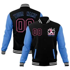 Black Powder Blue White Raglan Sleeves Full-Snap Letterman Cotton Jacket 1