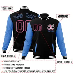Black Powder Blue White Raglan Sleeves Full-Snap Letterman Cotton Jacket 2