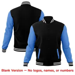 Black Powder Blue White Raglan Sleeves Full-Snap Letterman Cotton Jacket 6