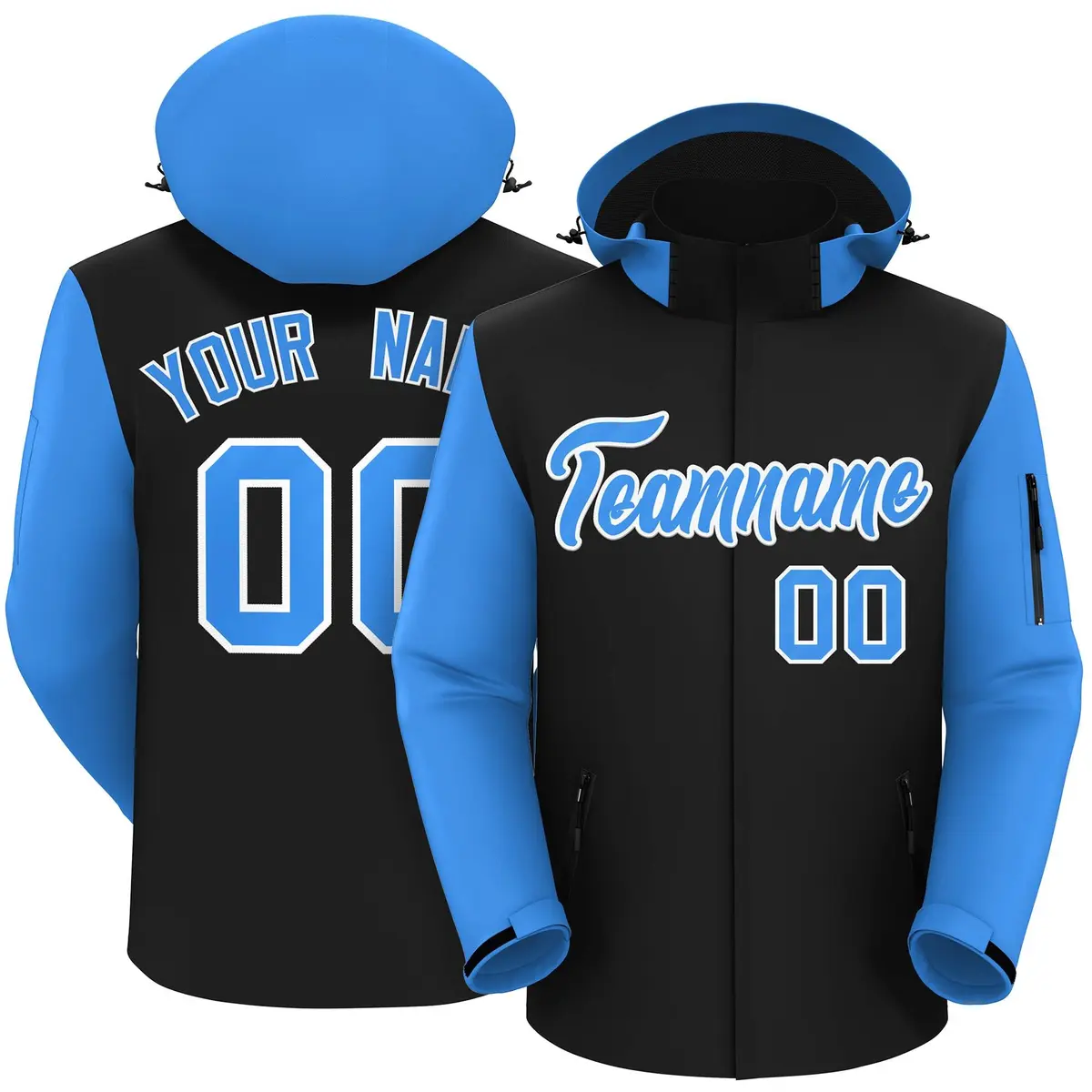 Black Powder Blue-White Raglan Sleeves Waterproof Jacket
