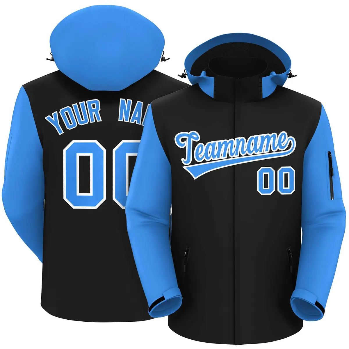 Black Powder Blue-White Raglan Sleeves Waterproof Jacket