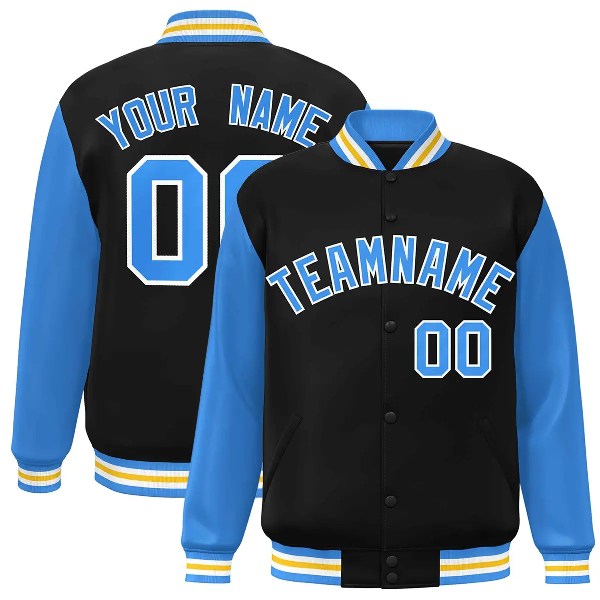 Black Powder Blue-White Raglan Varsity Full-Snap Letterman Jacket