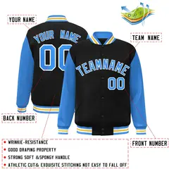 Black Powder Blue-White Raglan Varsity Full-Snap Letterman Jacket 2