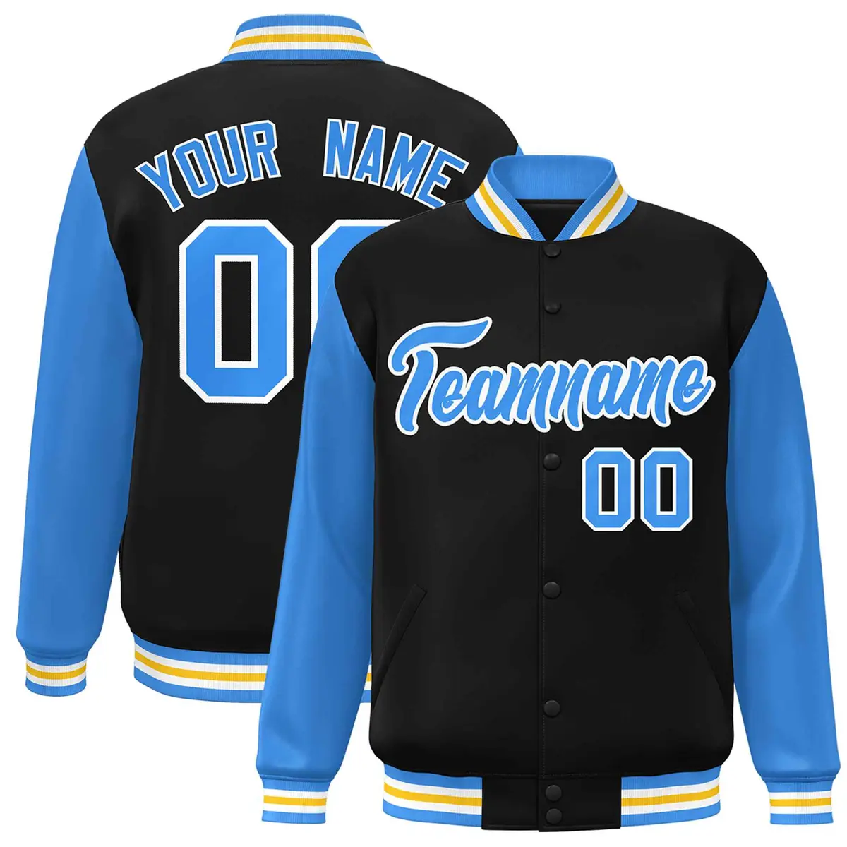 Black Powder Blue-White Raglan Varsity Full-Snap Letterman Jacket