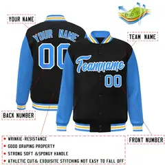 Black Powder Blue-White Raglan Varsity Full-Snap Letterman Jacket 2