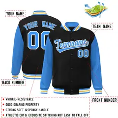 Black Powder Blue-White Raglan Varsity Full-Snap Letterman Jacket 2