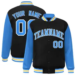 Black Powder Blue-White Raglan Varsity Full-Snap Letterman Jacket