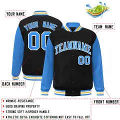 Black Powder Blue-White Raglan Varsity Full-Snap Letterman Jacket 2