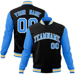 Black Powder Blue-White Raglan Varsity Full-Snap Letterman Jacket
