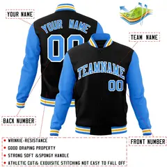 Black Powder Blue-White Raglan Varsity Full-Snap Letterman Jacket 4
