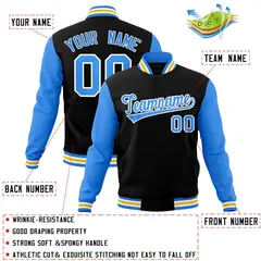 Black Powder Blue-White Raglan Varsity Full-Snap Letterman Jacket 4