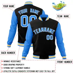 Black Powder Blue-White Raglan Varsity Full-Snap Letterman Jacket 4