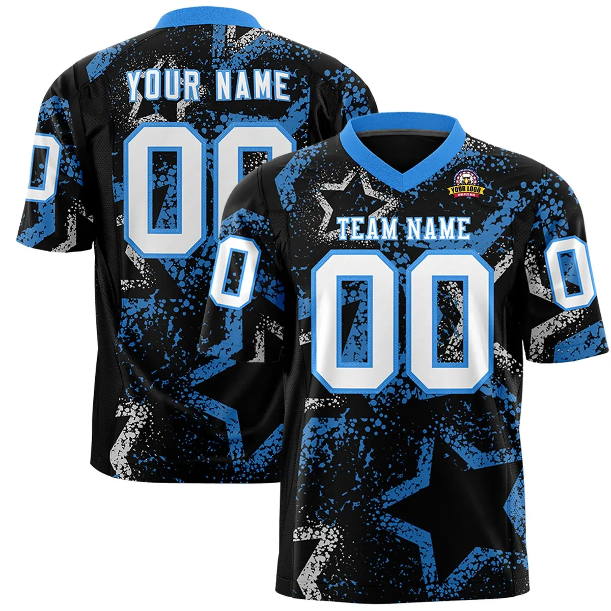 Black Powder Blue White Star Graffiti Football Jersey