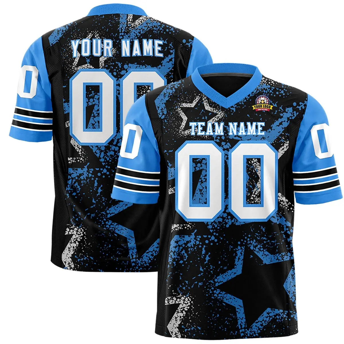 Black Powder Blue-White Star Pattern Football Jersey