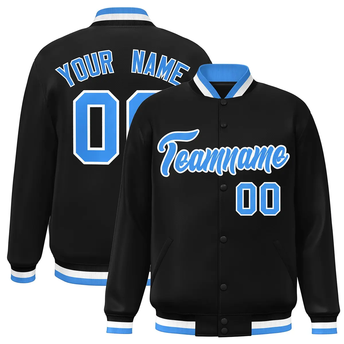 Black Powder Blue-White Varsity Full-Snap Letterman Jacket