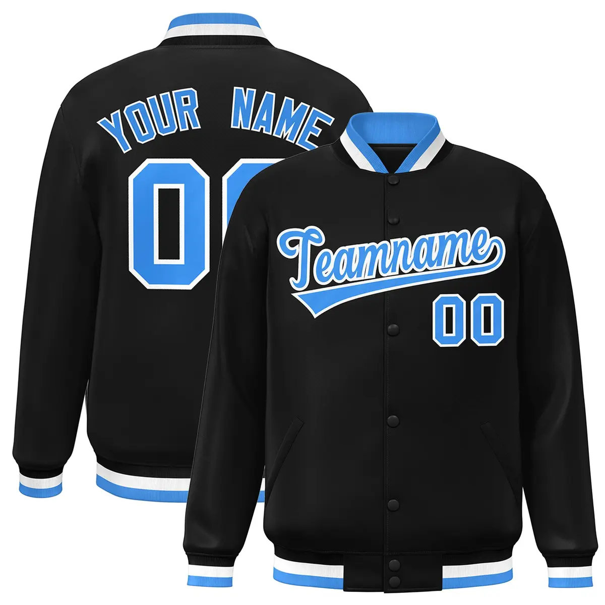 Black Powder Blue-White Varsity Full-Snap Letterman Jacket