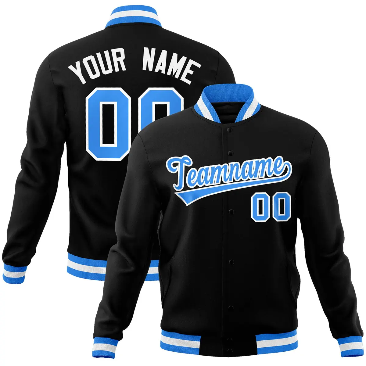 Black Powder Blue-White Varsity Full-Snap Letterman Jacket