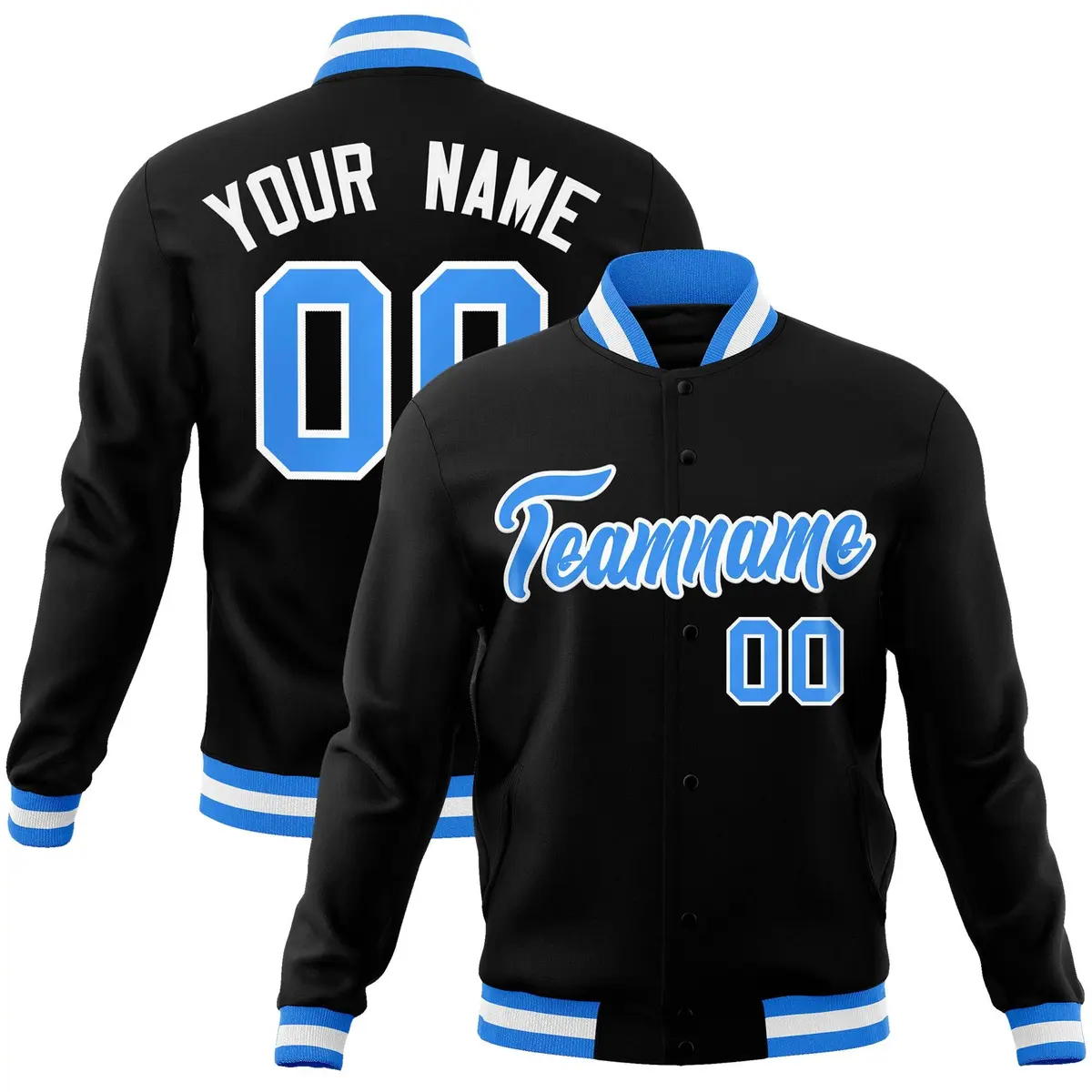 Black Powder Blue-White Varsity Full-Snap Letterman Jacket