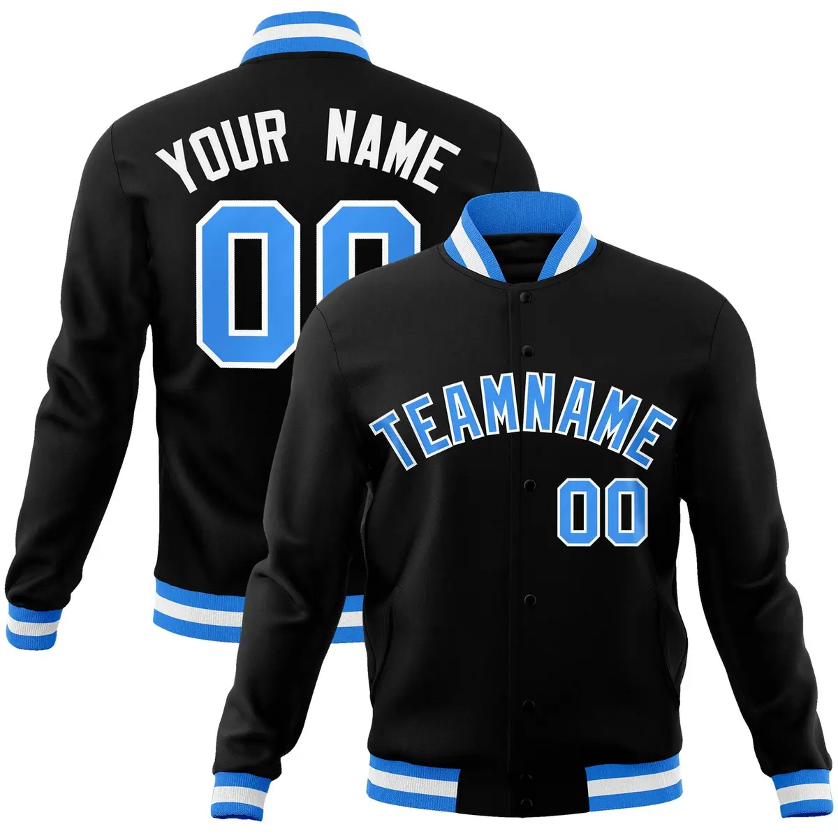 Black Powder Blue-White Varsity Full-Snap Letterman Jacket