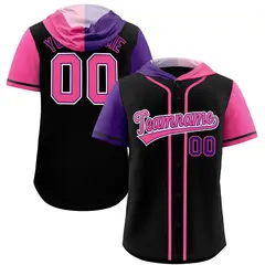 Black Purple and Pink Split Raglan Baseball Hoodie Jersey