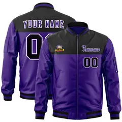 Black Purple Color Block Full-Zip Letterman Bomber Jacket