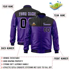 Black Purple Color Block Full-Zip Letterman Bomber Jacket 2