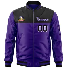 Black Purple Color Block Full-Zip Letterman Bomber Jacket 3