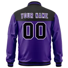 Black Purple Color Block Full-Zip Letterman Bomber Jacket 4