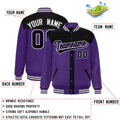 Black Purple Color Block Varsity Bomber Baseball Jacket 2
