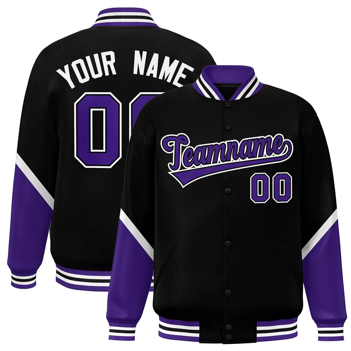 Black Purple Color Block Varsity Letterman Baseball Jacket