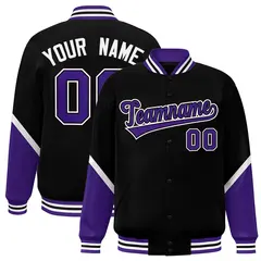 Black Purple Color Block Varsity Letterman Baseball Jacket 1