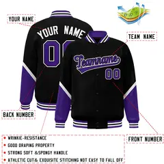 Black Purple Color Block Varsity Letterman Baseball Jacket 2