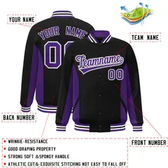Black Purple Color Block Varsity Letterman Baseball Jacket 2