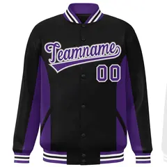 Black Purple Color Block Varsity Letterman Baseball Jacket 3