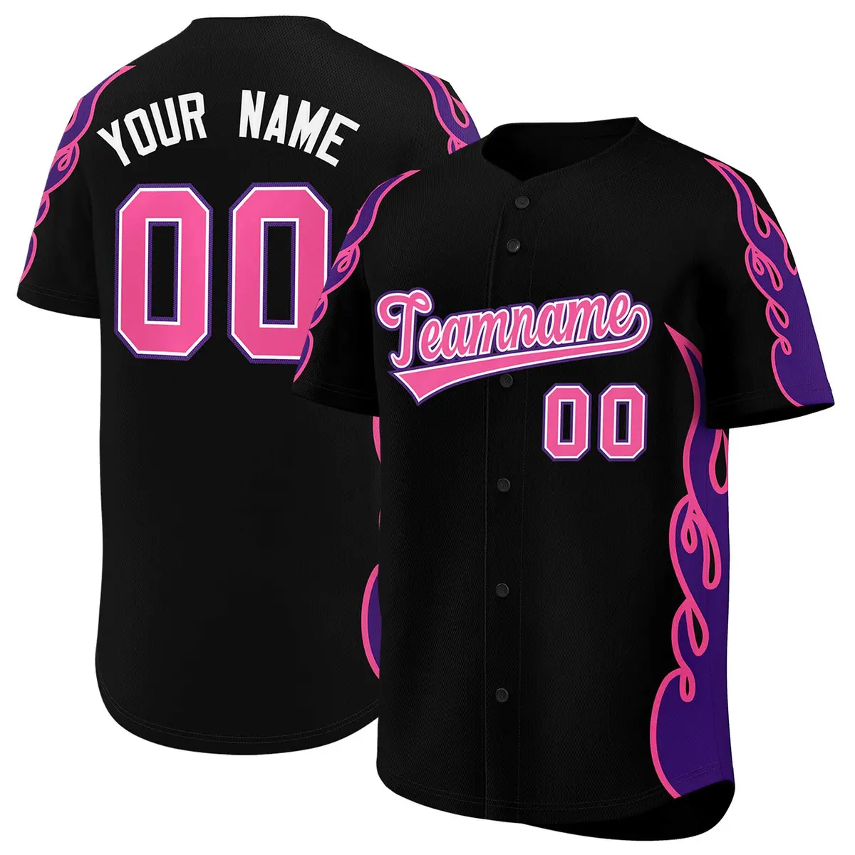 Black Purple Flame Outline Baseball Jersey