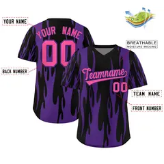 Black Purple Flame Pattern Pullover Baseball Jersey 2
