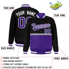 Black Purple Full-Snap Color Block Varsity Letterman Jacket 2