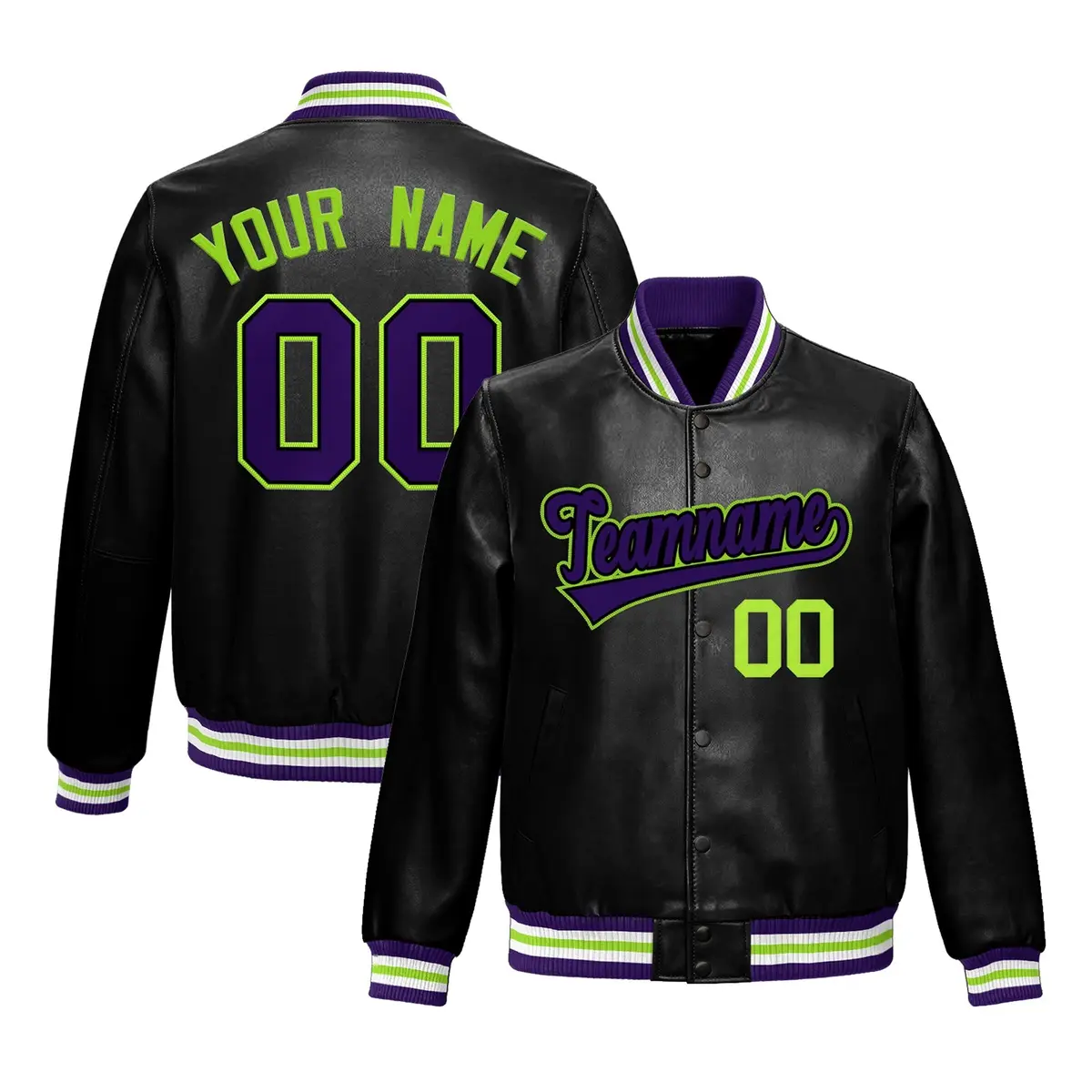 Black Purple Full-Snap Faux Leather Varsity Letterman Jacket