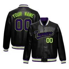 Black Purple Full-Snap Faux Leather Varsity Letterman Jacket 1