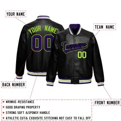 Black Purple Full-Snap Faux Leather Varsity Letterman Jacket 2