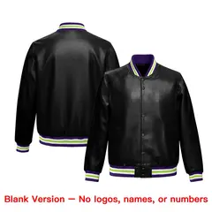 Black Purple Full-Snap Faux Leather Varsity Letterman Jacket 6