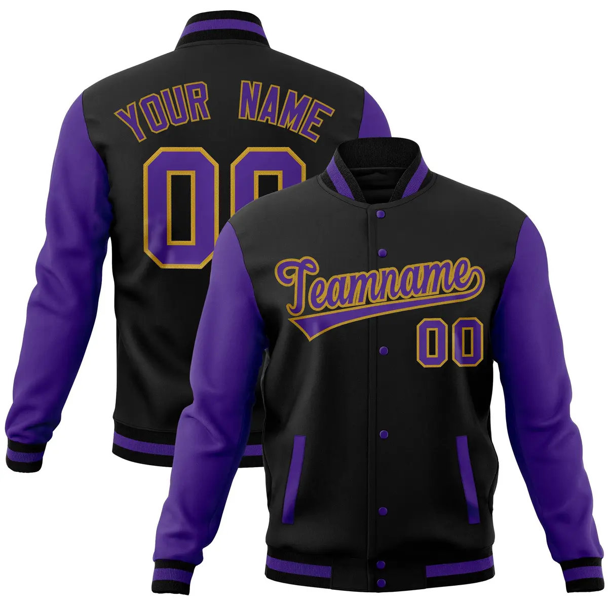 Black Purple Full-Snap Raglan Sleeves Letterman Jacket