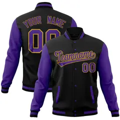 Black Purple Full-Snap Raglan Sleeves Letterman Jacket