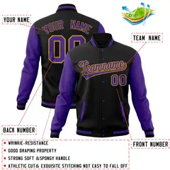 Black Purple Full-Snap Raglan Sleeves Letterman Jacket 4